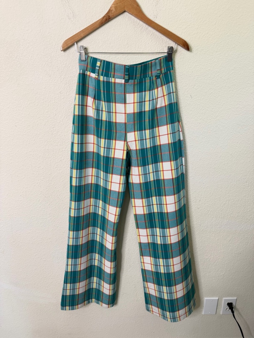 Free People Teal Plaid Wide Leg Pants - Picture 7 of 10